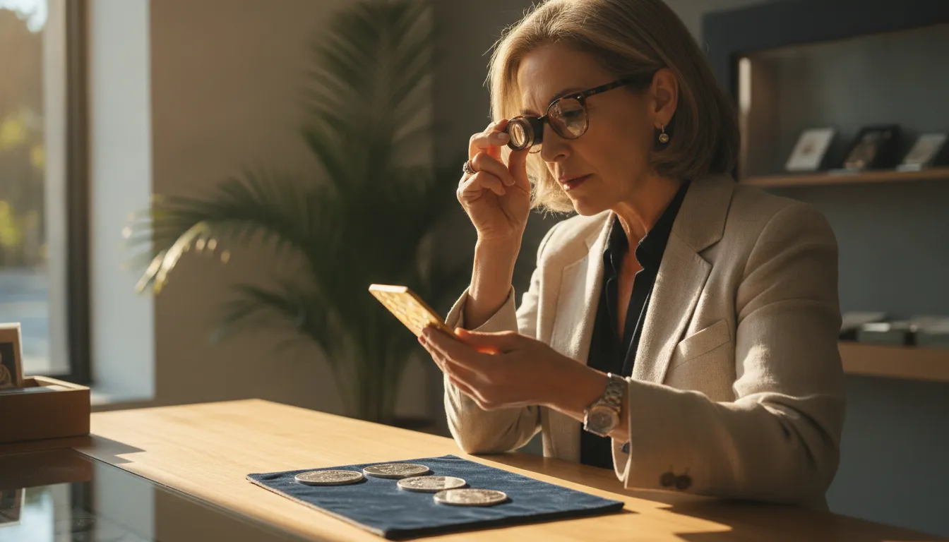Numismatist comparing gold and silver bullion before a physical transaction