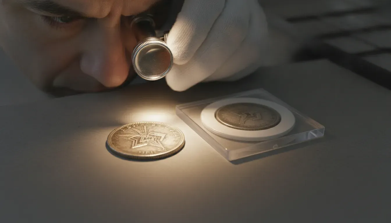 Coin specialist comparing the condition of a raw coin and a certified coin