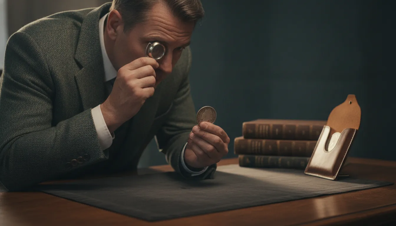 Numismatist examining an early American silver dollar with a loupe