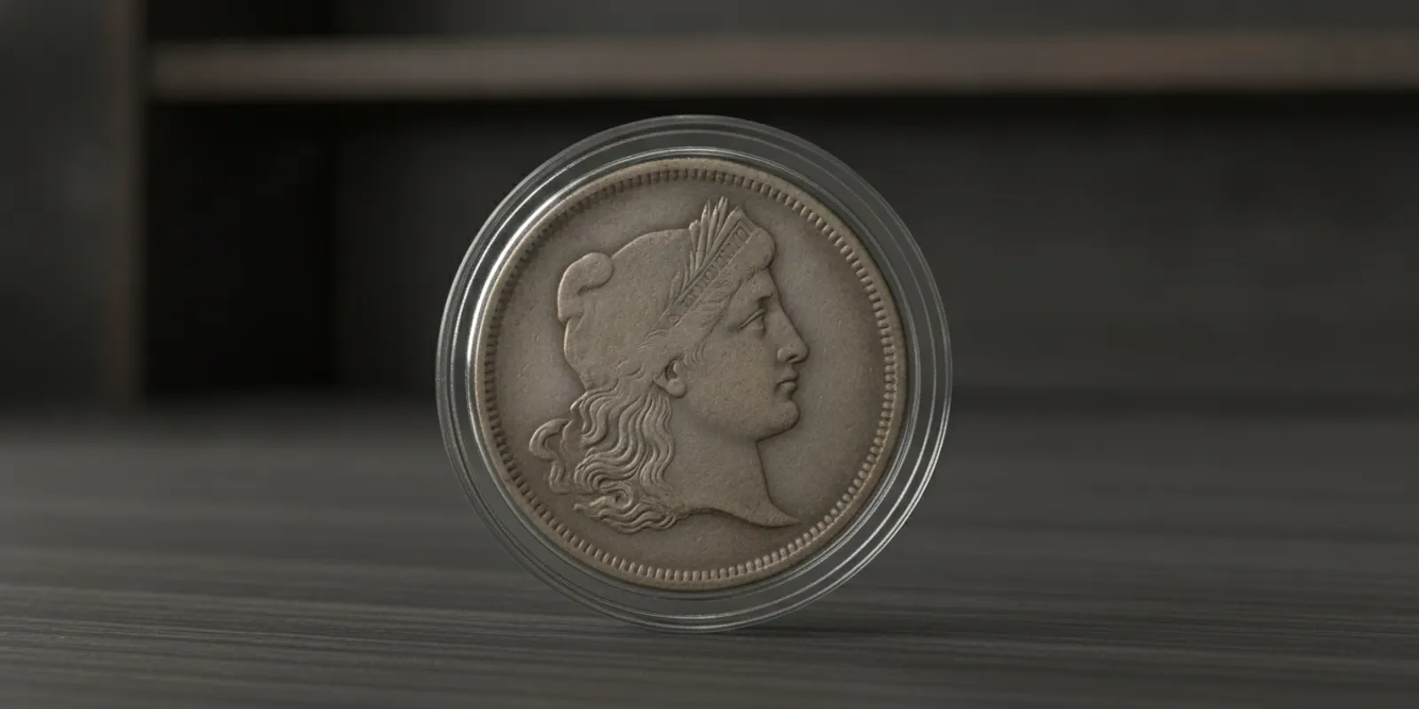 Close-up of a certified 1794 Flowing Hair silver dollar on a dark display surface