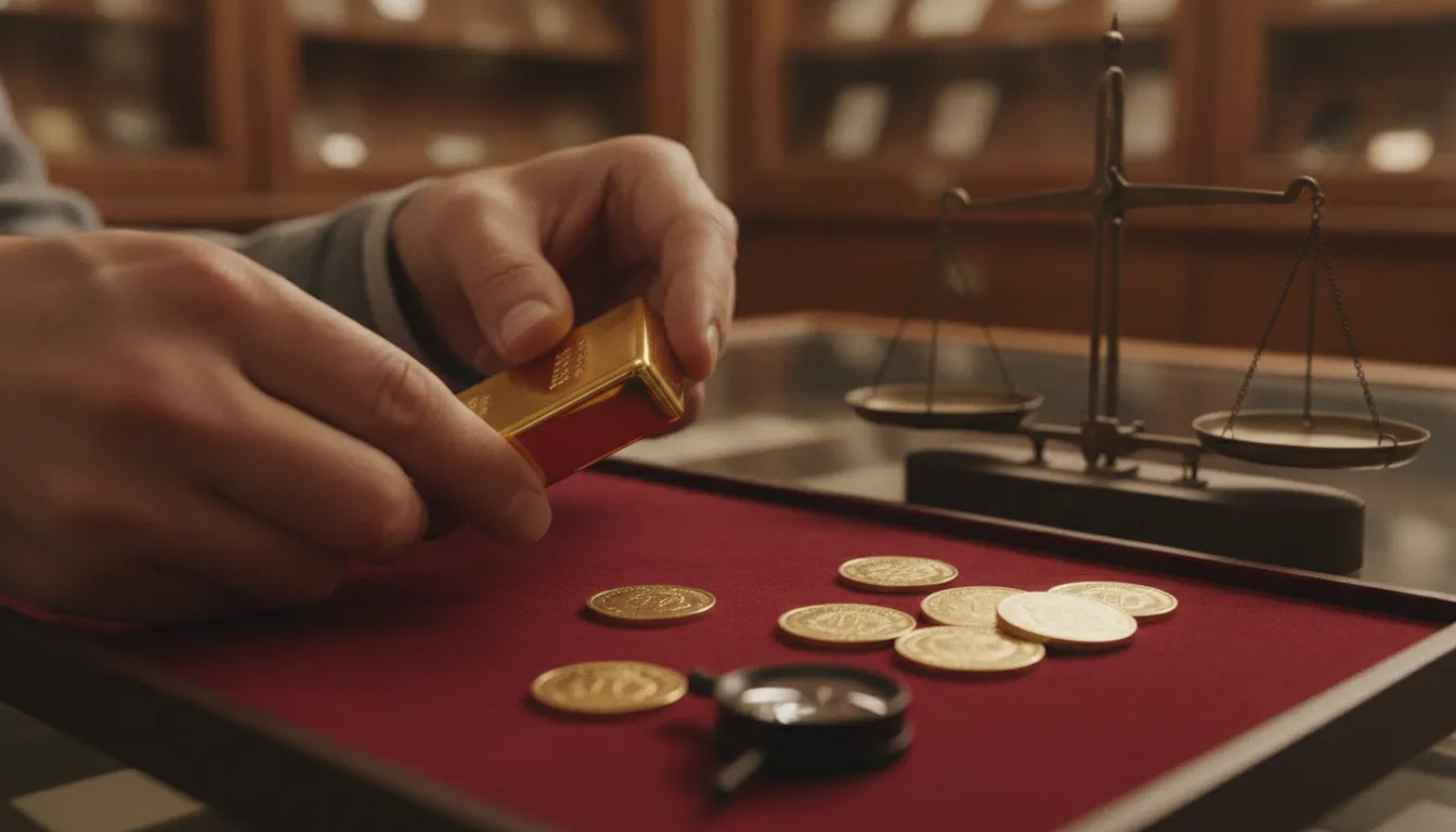 Gold bar and bullion coins compared on a professional dealer counter