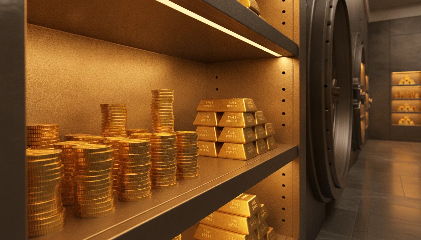 Gold coins and bars stored securely on a vault shelf representing retirement wealth preservation
