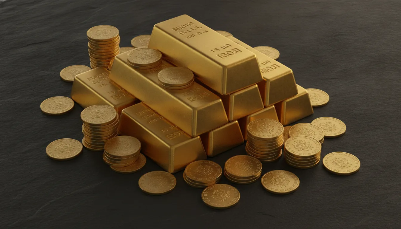 Gold bullion bars and coins representing the AU price per ounce
