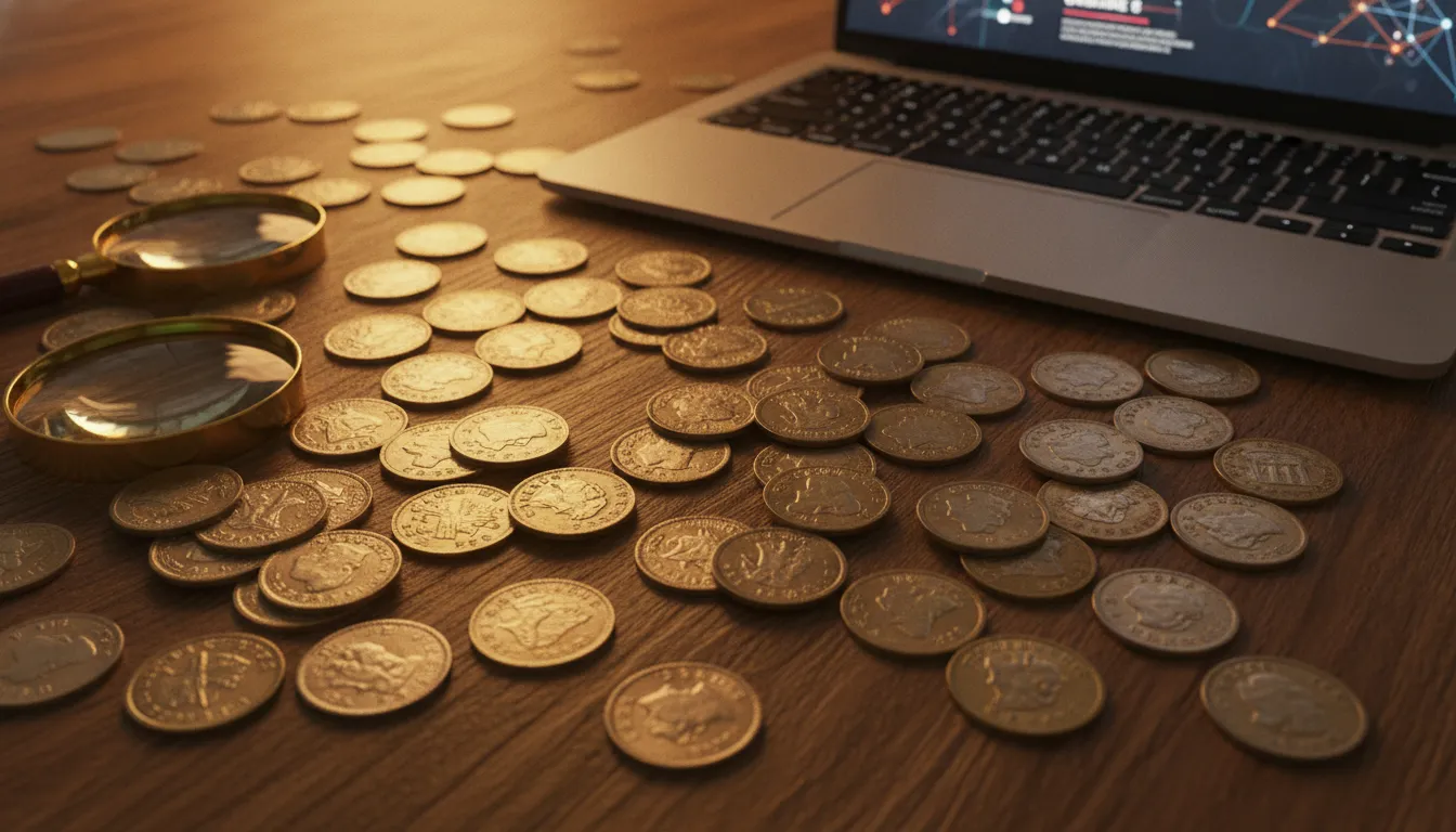 Selling coins online - a collection of gold and silver coins with a laptop