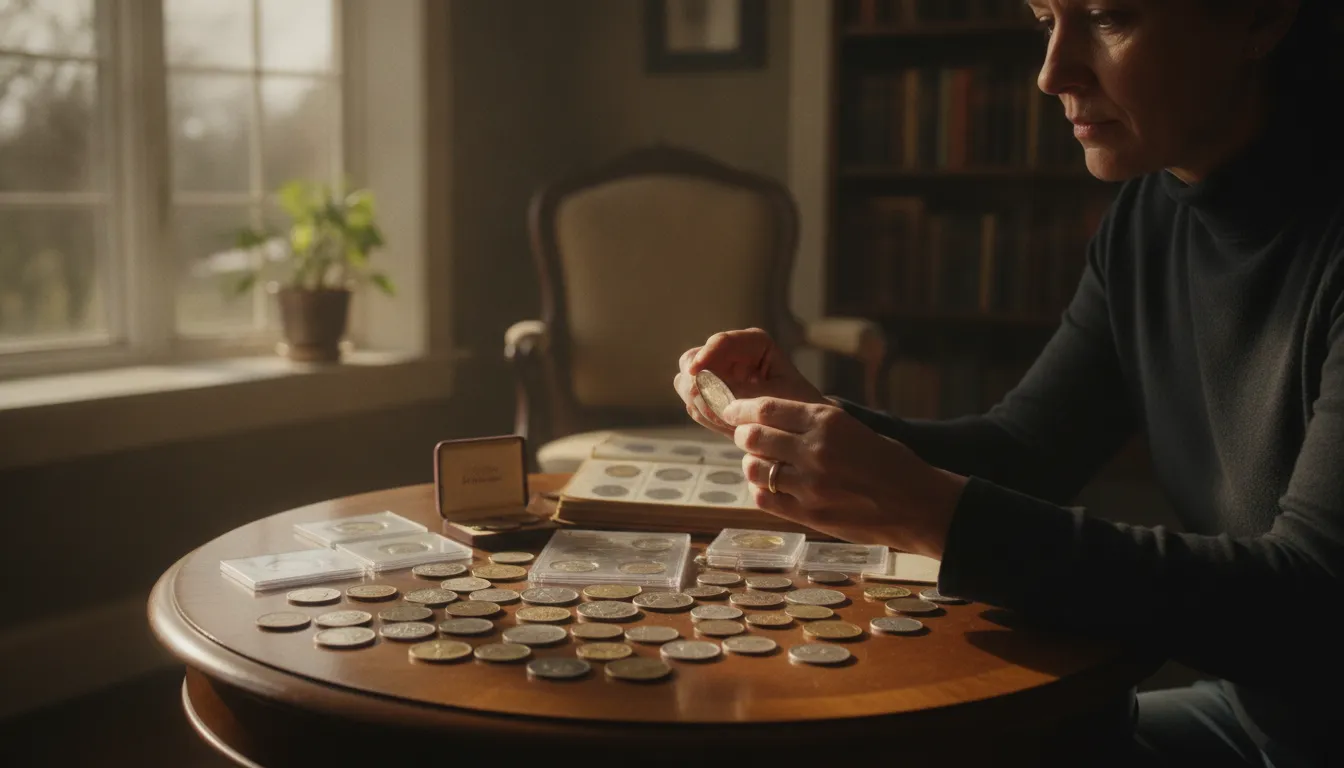 Family member examining an inherited coin collection spread across a wooden table, including silver dollars and gold coins