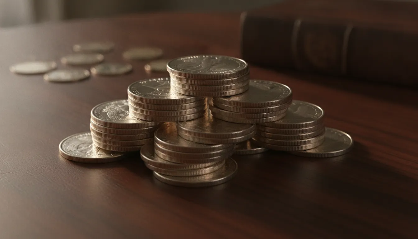 American Silver Eagle coins stacked on a dark wood surface