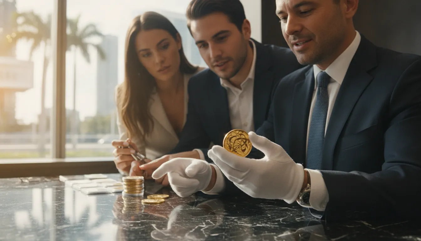Numismatist examining a gold bullion coin before an online purchase