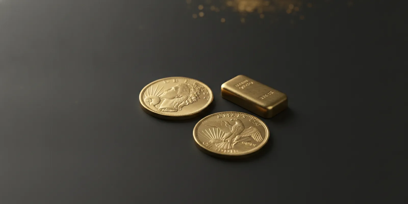 American gold coins and a gold bar arranged on a dark tabletop