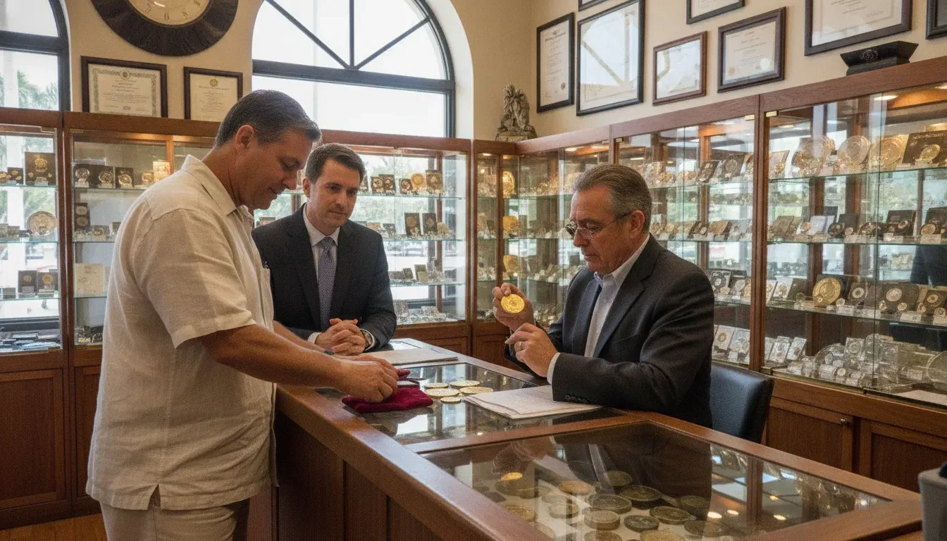 Miami resident selling gold coins at a coin dealer counter on Biscayne Boulevard