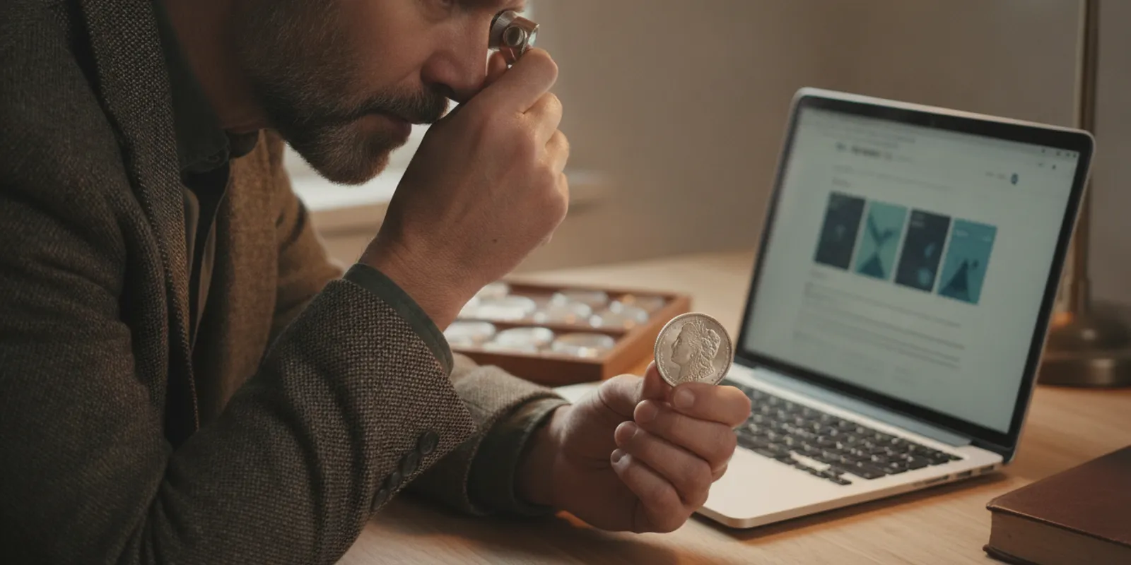 U.S. coin collector comparing a Morgan silver dollar with an online value estimate