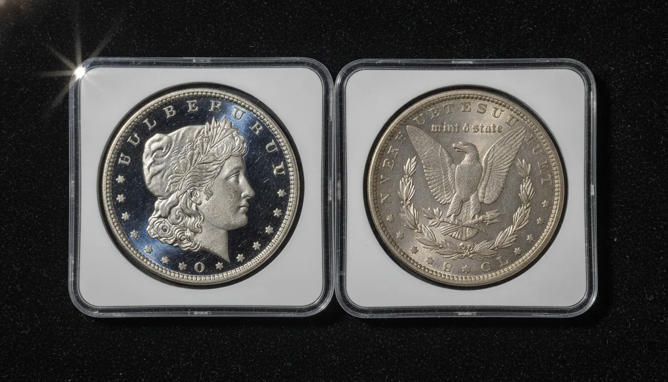 Two graded and slabbed U.S. coins side by side showing contrasting Mint State and Proof finishes on dark velvet