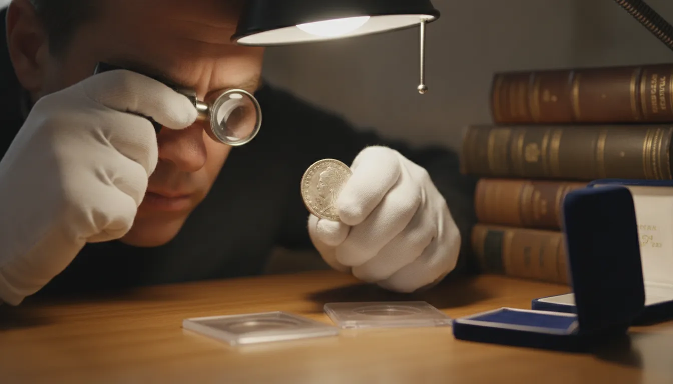 Professional coin grader examining a rare silver dollar through a magnifying loupe