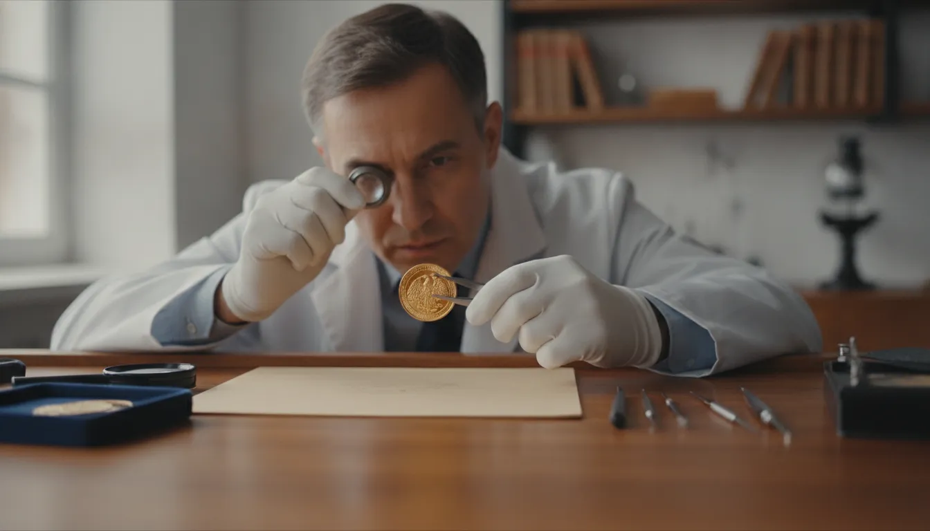 Numismatist inspecting a gold bullion coin for authenticity