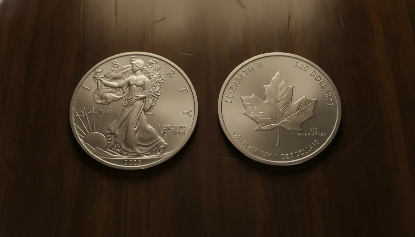 Platinum American Eagle coin and Canadian Platinum Maple Leaf coin on dark wooden surface
