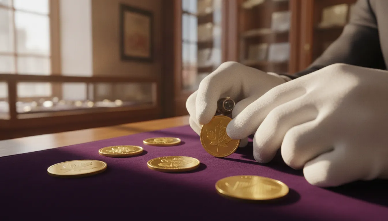 A collector inspecting a small selection of world gold coins on a velvet counter