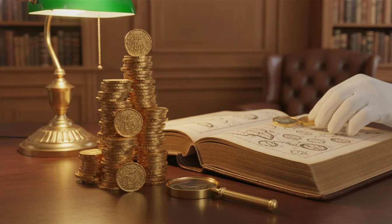 A historical stack of European gold coins beside a reference book and magnifying loupe