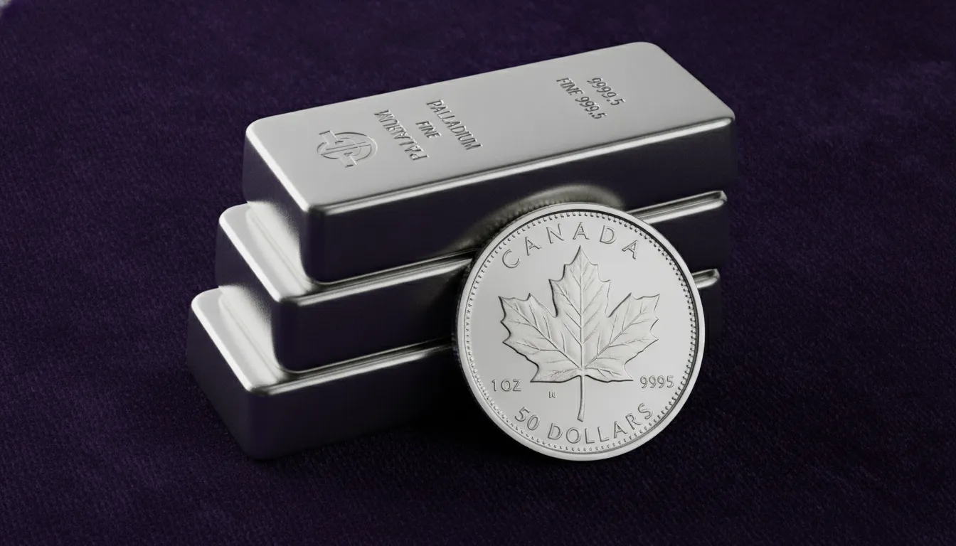 Palladium bullion bars and a Palladium Canadian Maple Leaf coin on dark velvet