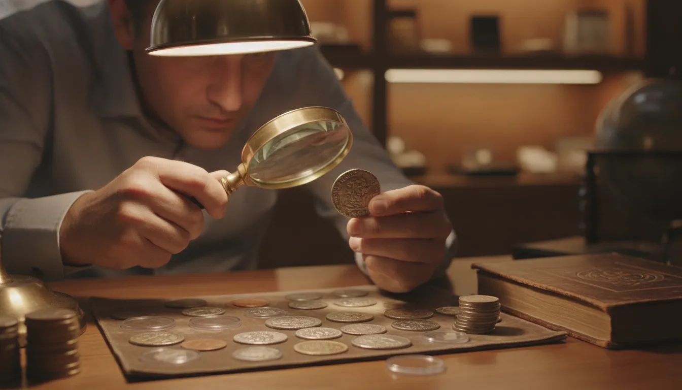 Professional numismatist examining coins under a desk lamp at a Miami coin shop