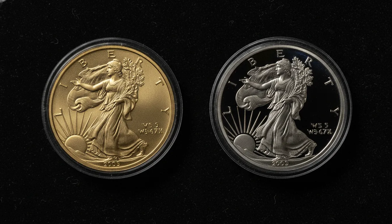 Bullion and proof American Gold Eagle coins side by side showing finish differences