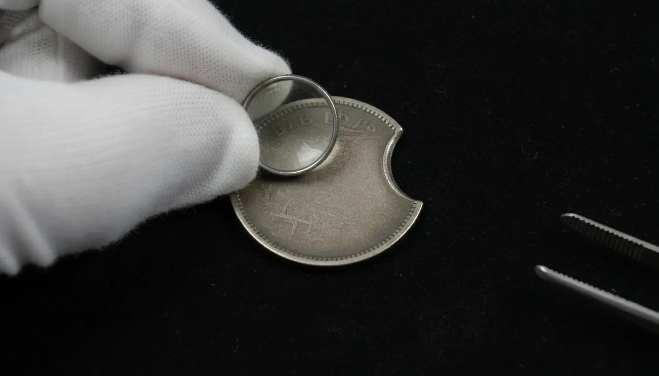 Close-up of a rare clipped planchet coin error showing a smooth curved missing section along the coin edge