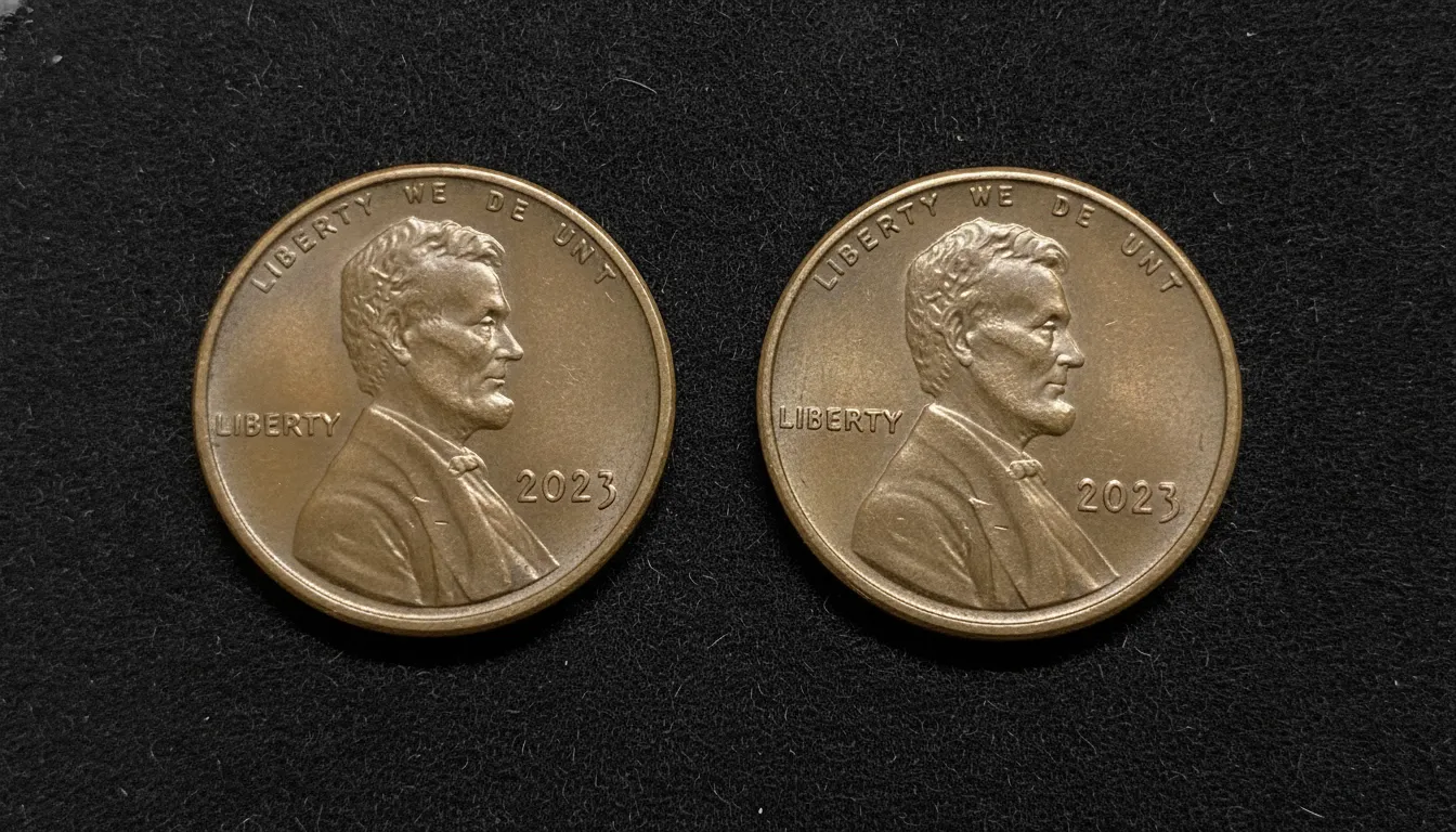 Side by side comparison of a normal coin and a doubled die error coin showing clear design differences