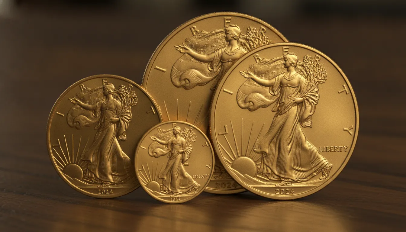 American Gold Eagle coins in four sizes arranged on dark wood showing the Walking Liberty obverse design