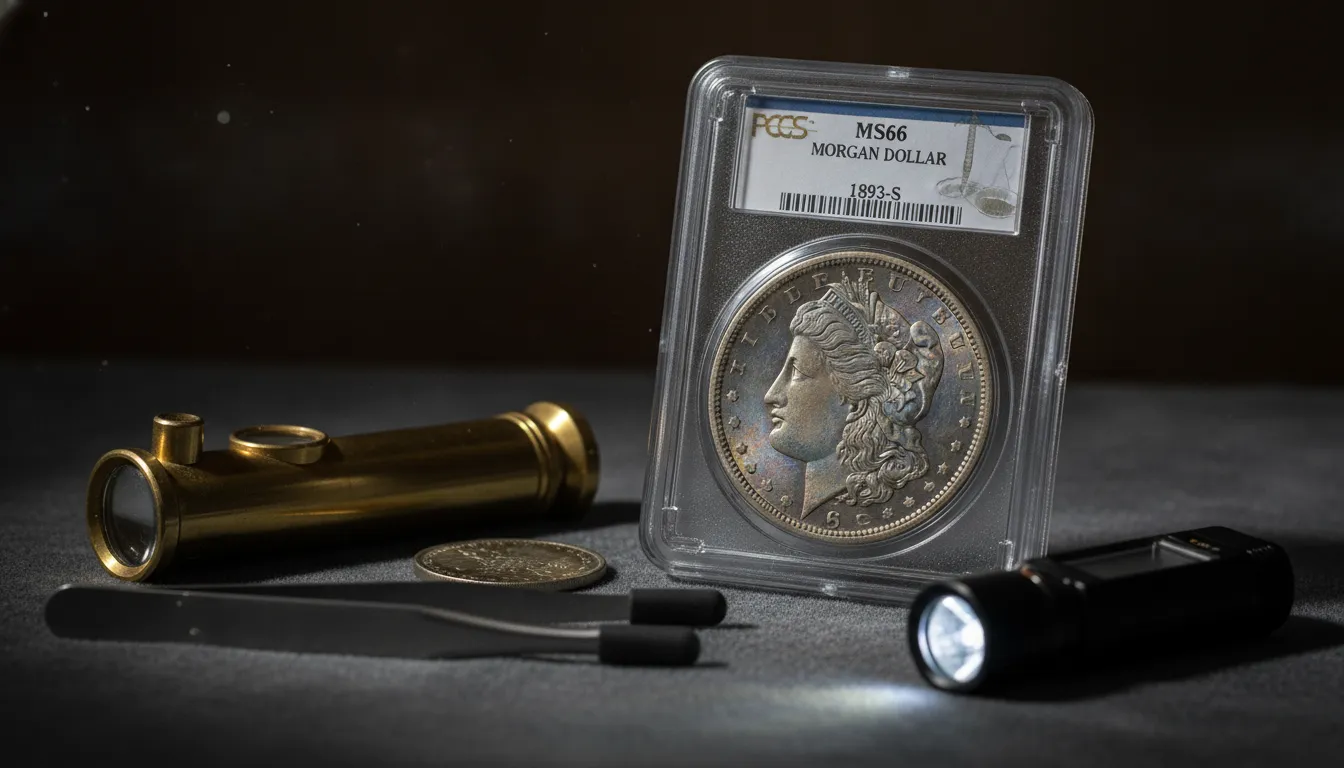 Certified PCGS coin grading slab and professional grading tools on a dark surface