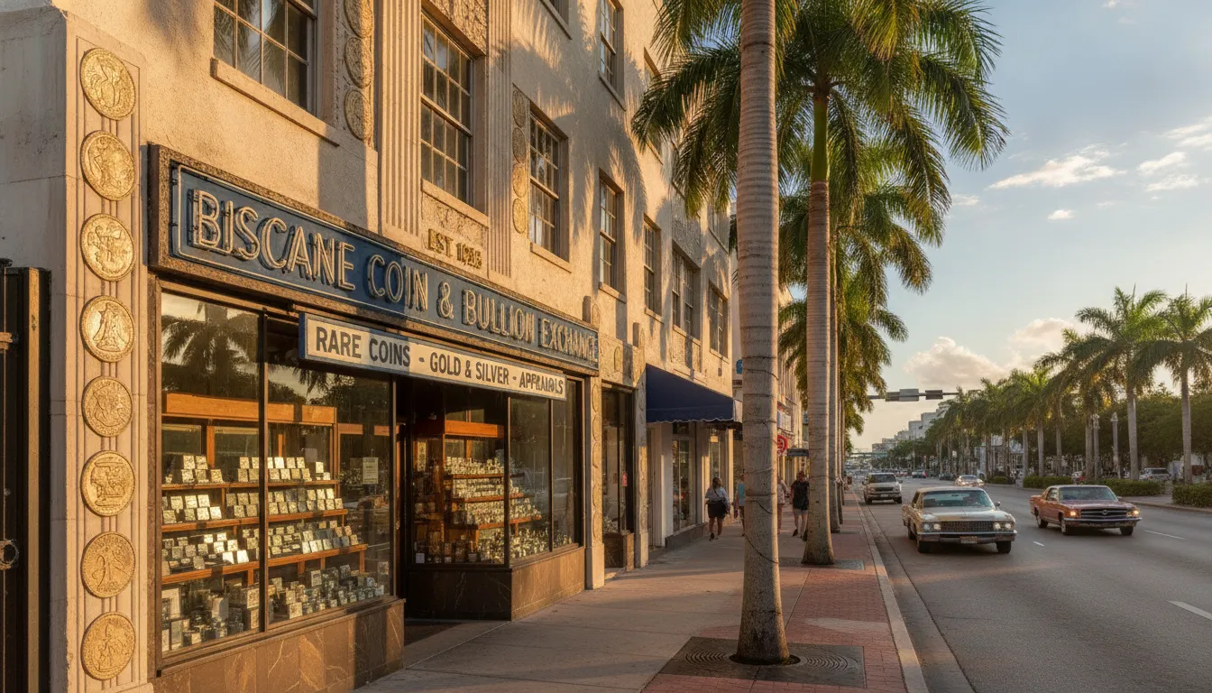Miami Biscayne Boulevard commercial district with palm trees and retail storefronts