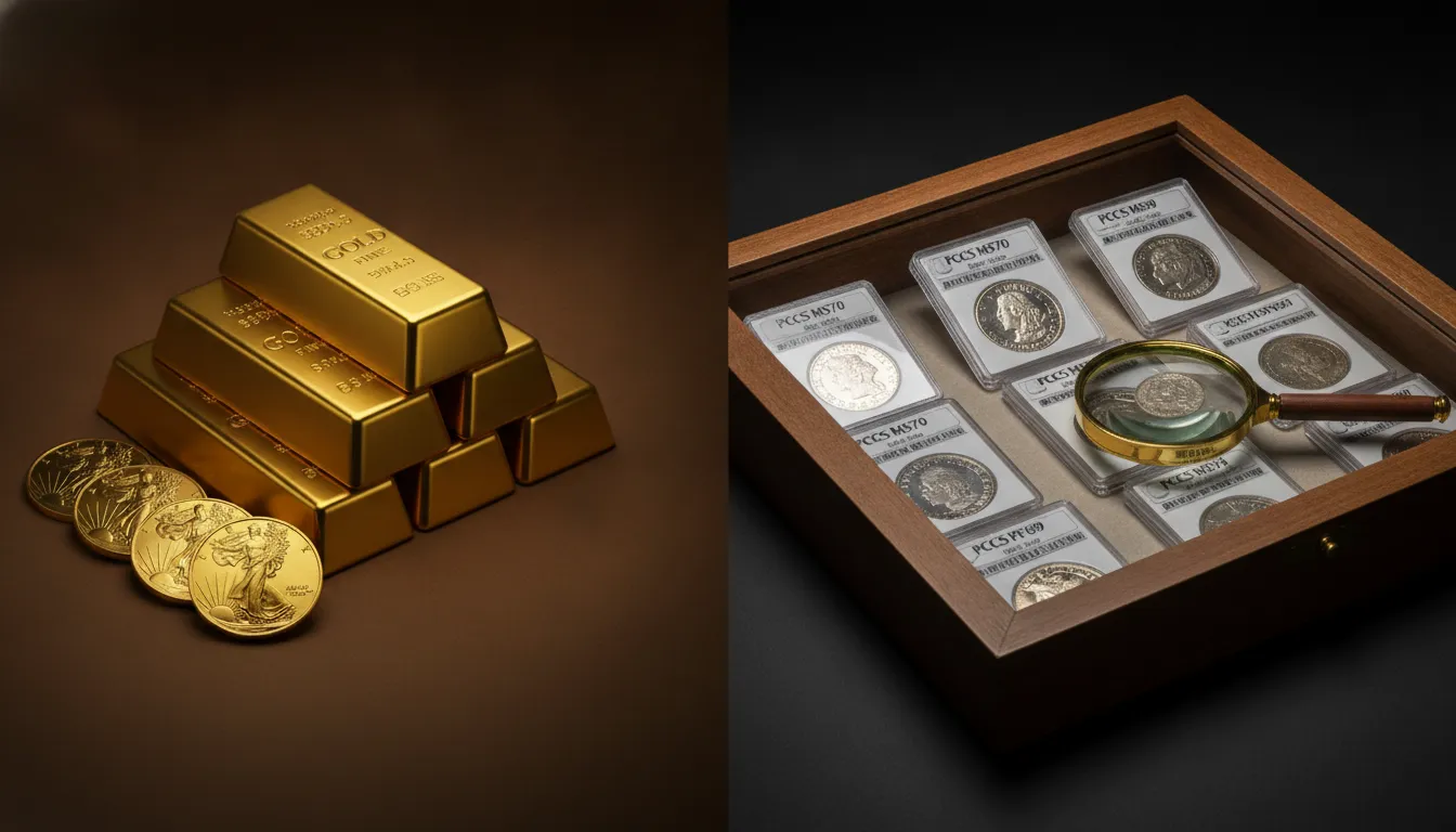 Side-by-side comparison of gold bullion bars and rare numismatic coins in graded holders