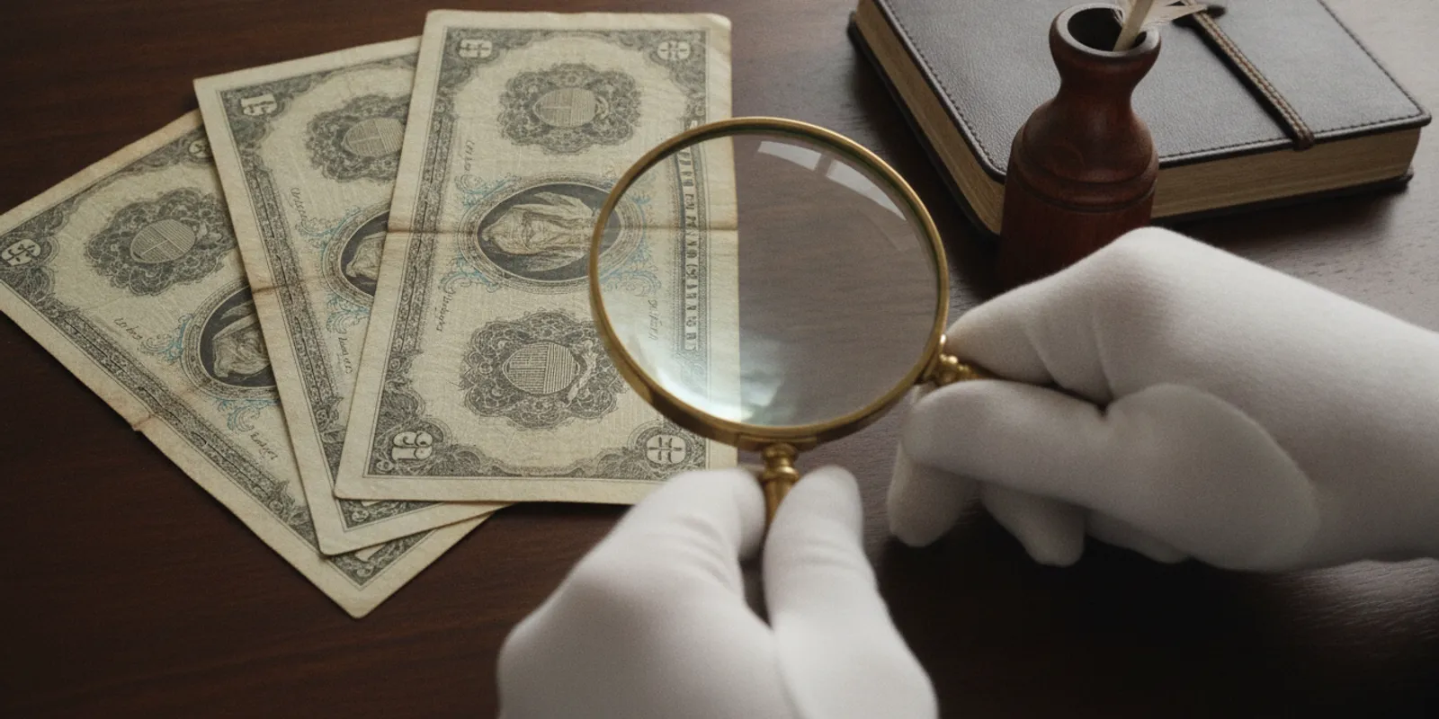 A collector examining historic U.S. paper currency on a clean desk