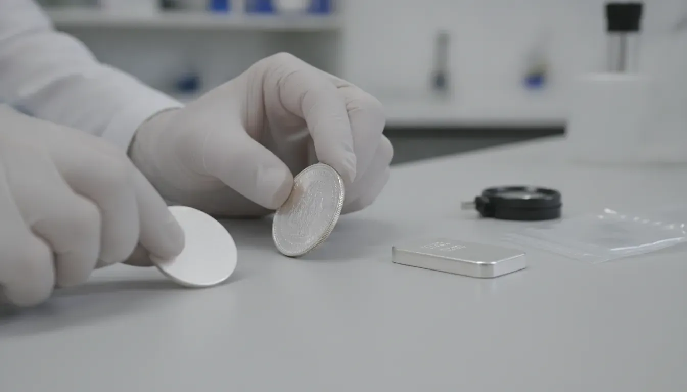 Specialist comparing silver bullion coins, rounds, and bars