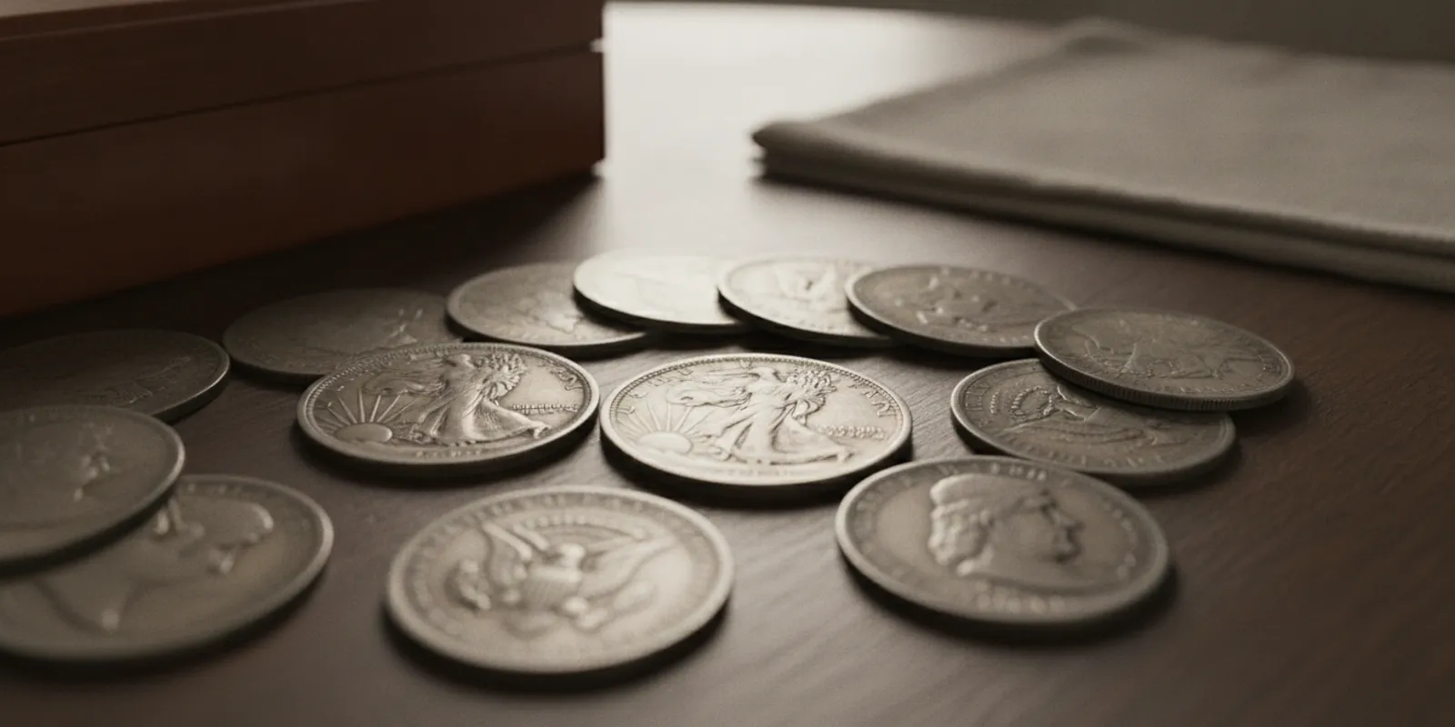 U.S. silver half dollars arranged to show different designs and dates