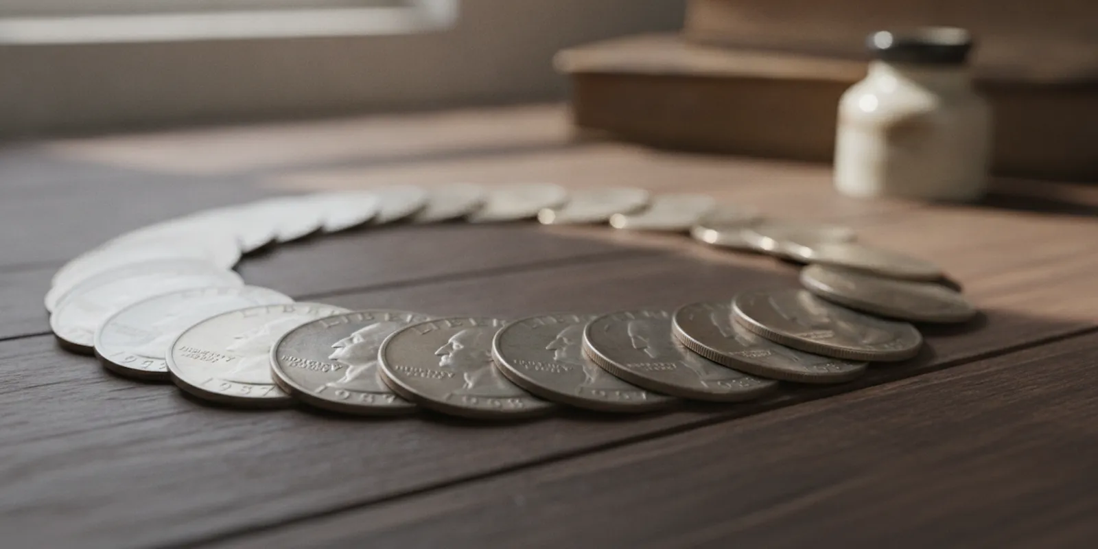 U.S. silver quarters arranged to show different dates and mint marks
