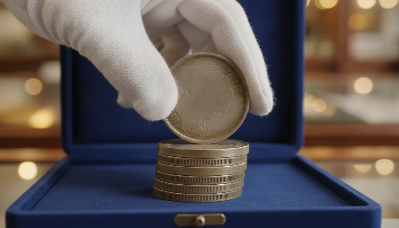 Gloved hand holding a stack of 1 oz Silver American Eagle bullion coins over a dark velvet surface