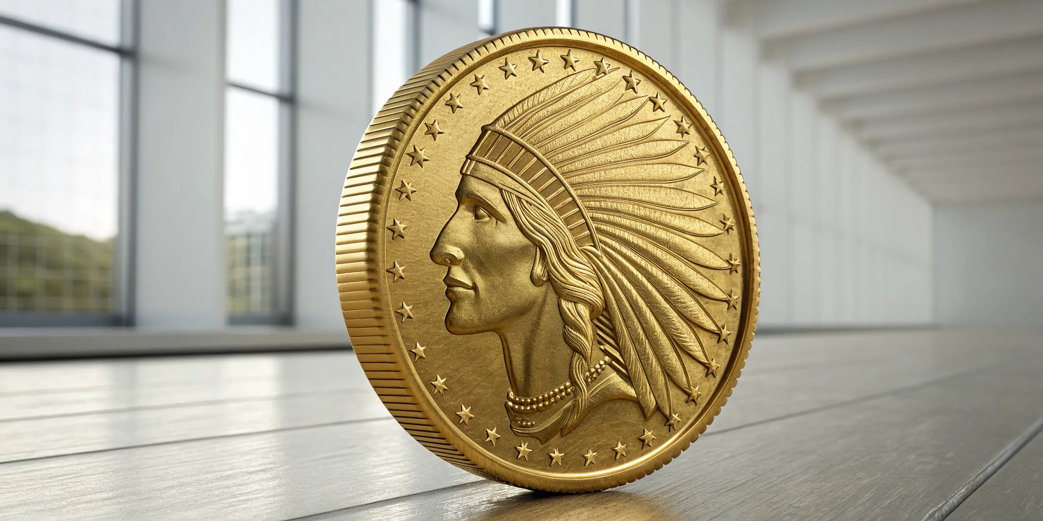 A gold Indian Head Eagle coin with its detailed Native American profile.