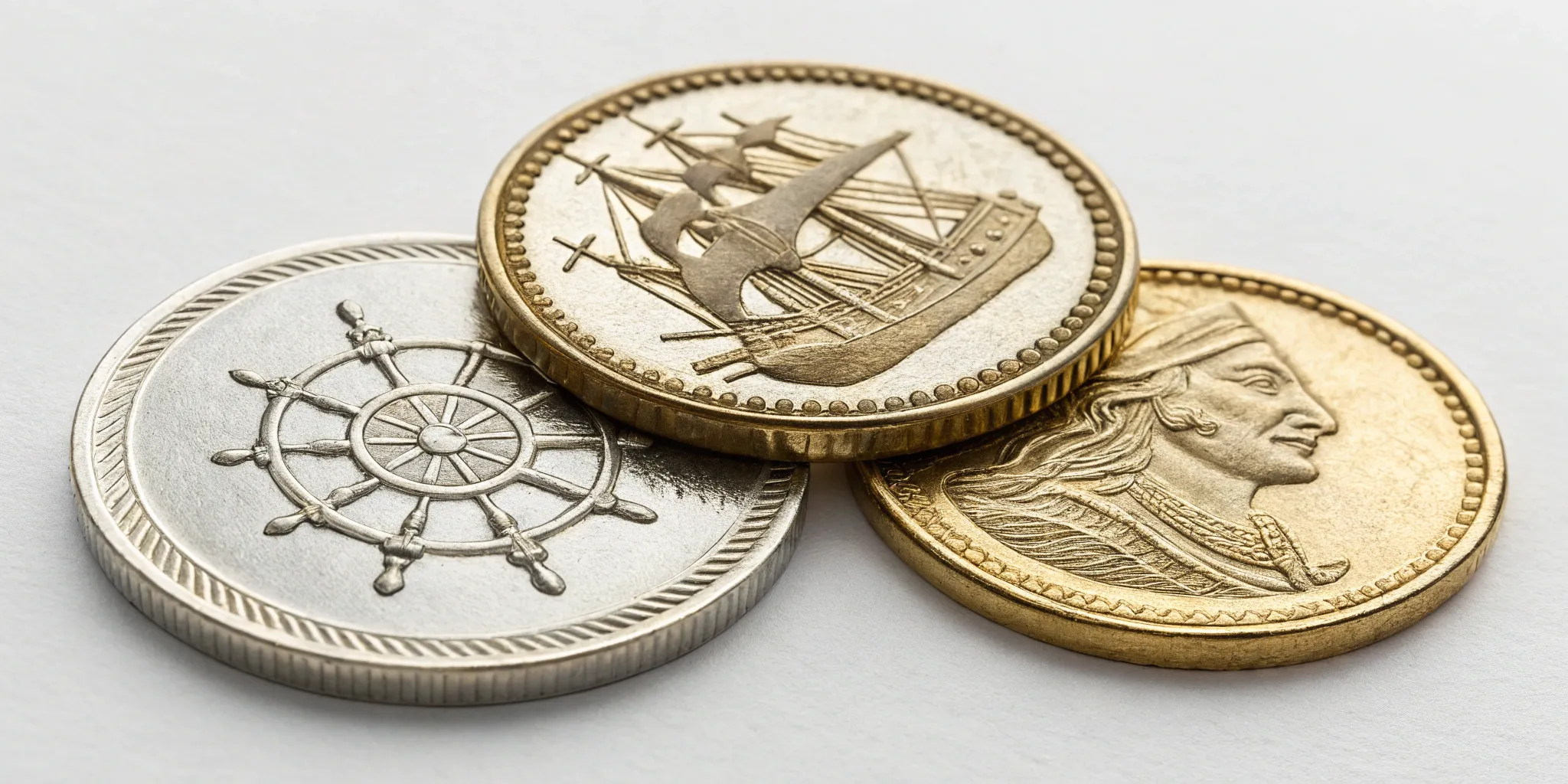 Three authentic shipwreck coins for sale with unique historical markings.