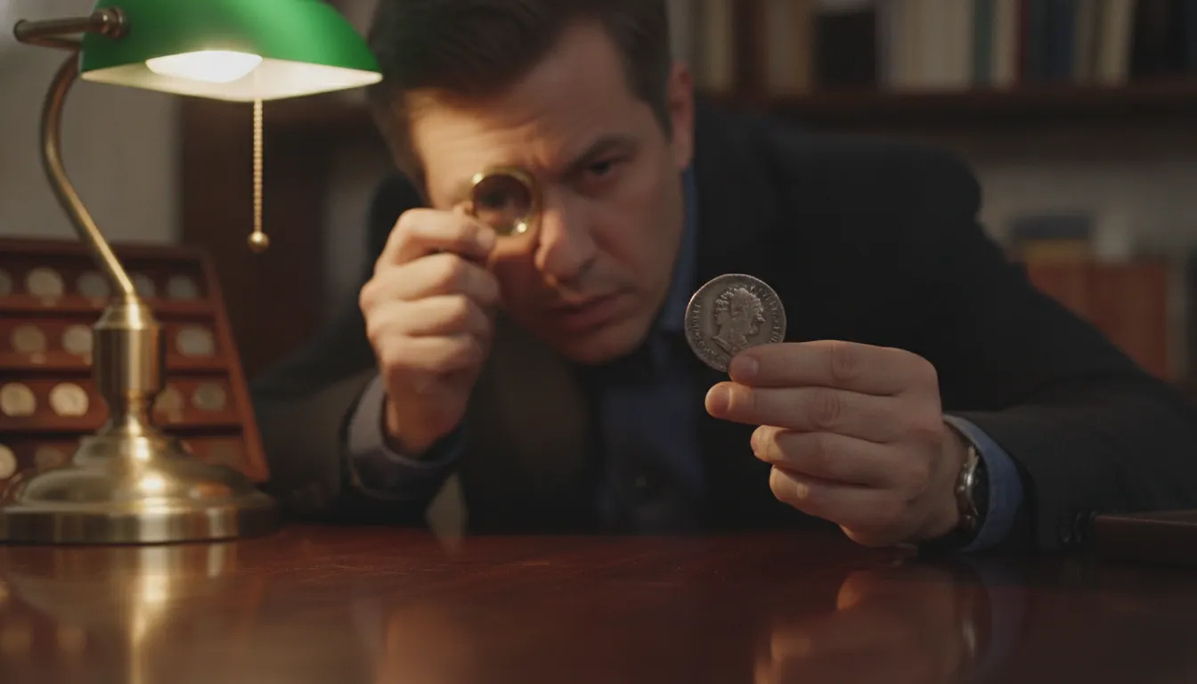 Collector examining a rare silver Peace dollar under a desk lamp in Miami