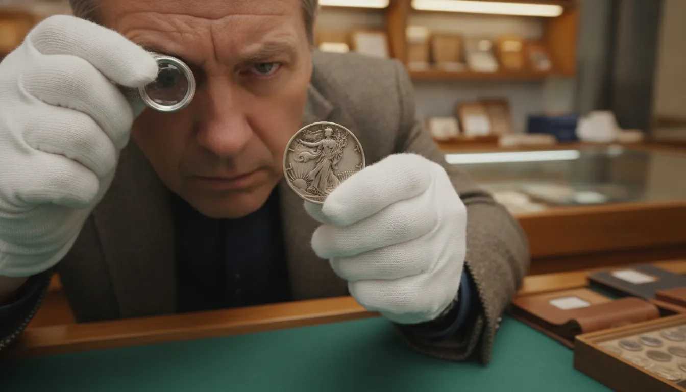 Coin collector examining a historic Walking Liberty half dollar at a numismatics counter