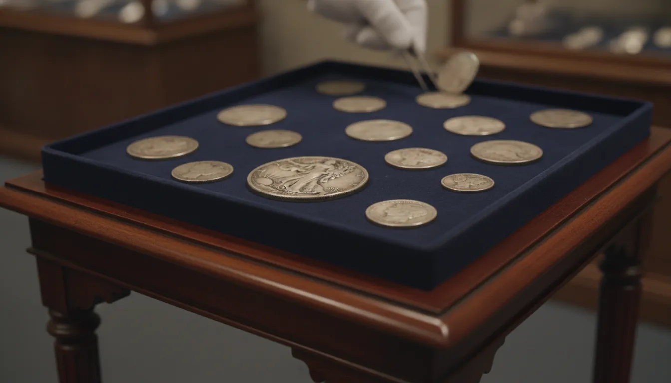 Walking Liberty half dollar silver coins arranged on a velvet display tray