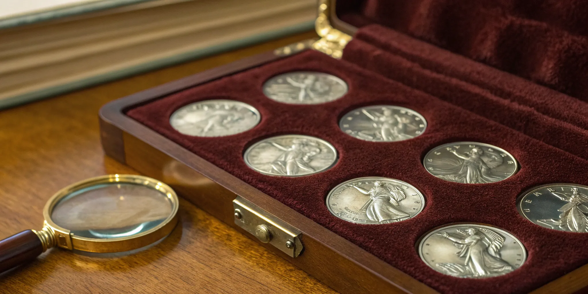 Inspecting Walking Liberty half dollars for sale to determine their value and grade.