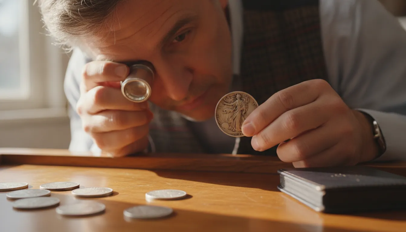Collector examining a Walking Liberty half dollar under a loupe