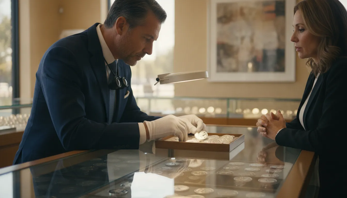 Numismatist examining American Silver Eagle coins with a customer in Miami