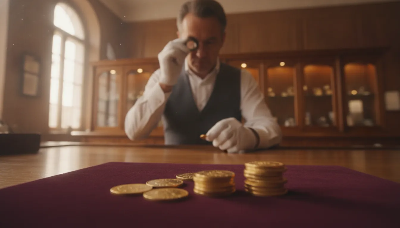 A coin dealer examining a small stack of world gold coins on a velvet counter in a warm, elegant shop.