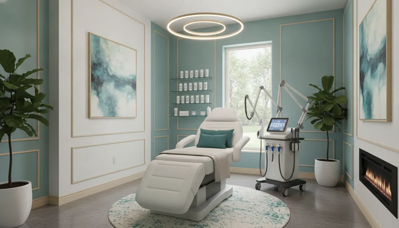 Luxury medical spa treatment room in Richmond, TX with teal decor and modern aesthetic equipment for Sculptra collagen injection