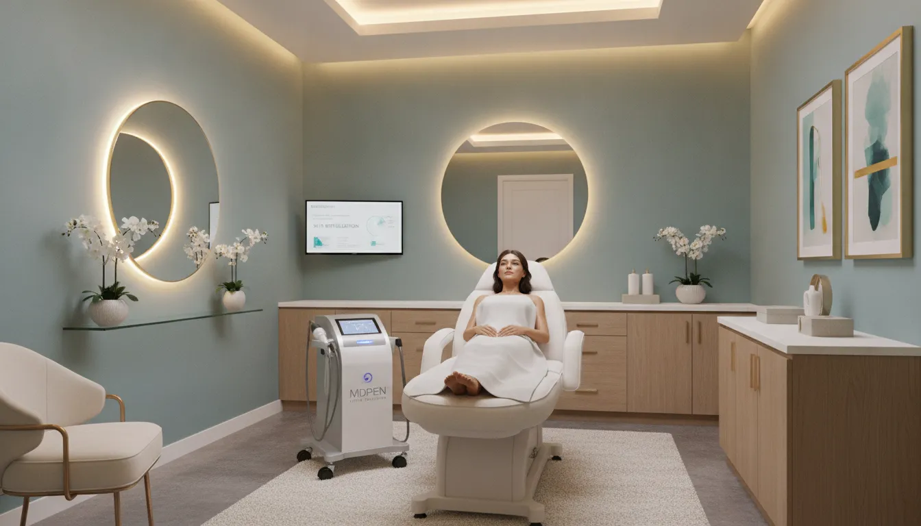 Luxury medical spa microneedling treatment room with MDPEN Ultra device and professional clinical setup