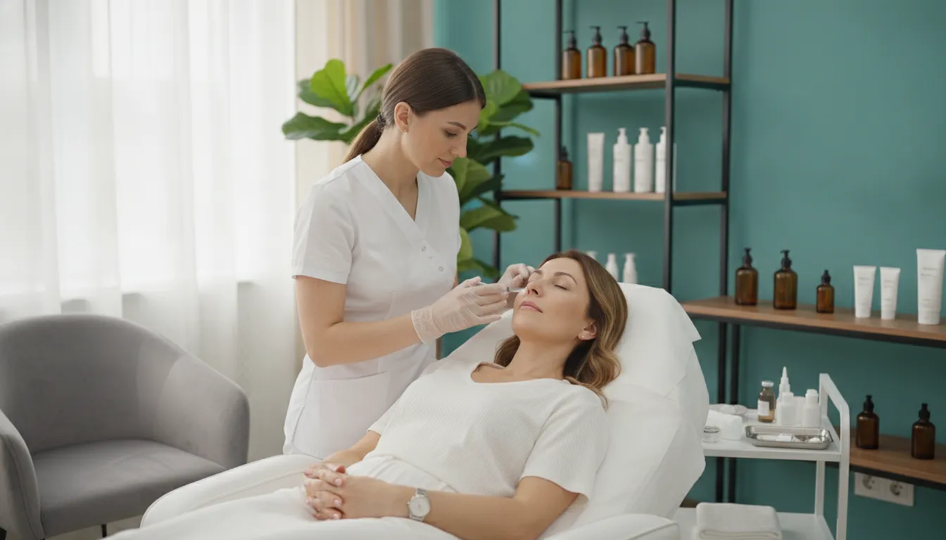 Client receiving a gentle Sculptra facial injection at a premium medical spa in Richmond, TX with soft natural lighting