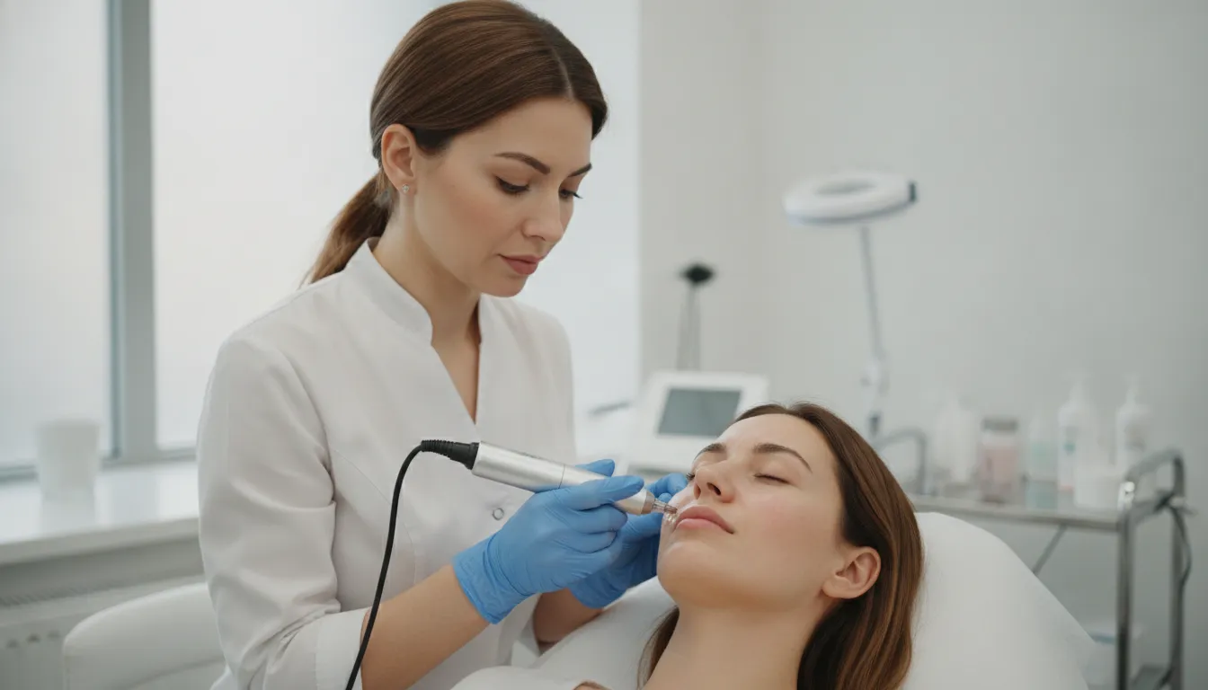 Aesthetic professional performing collagen induction therapy with a microneedling device