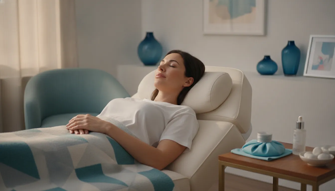 Woman resting with a cool compress during lip filler aftercare