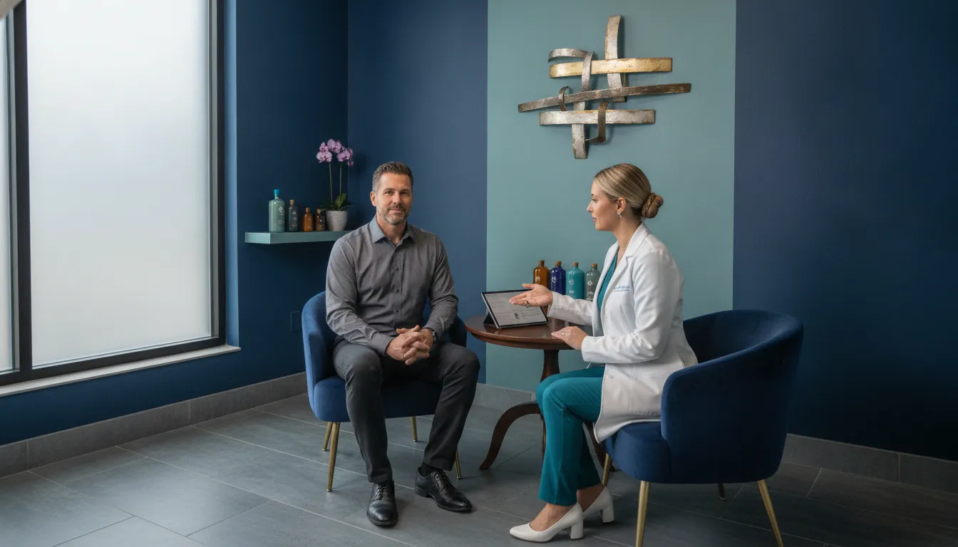 Male client discussing natural-looking treatment goals at a med spa for men in Richmond TX