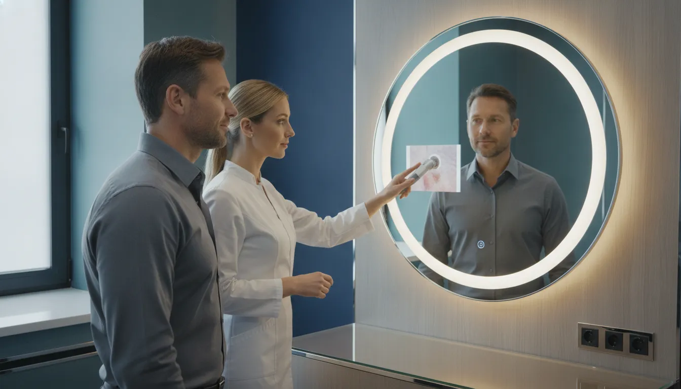 Man reviewing skin and wellness options during a med spa consultation in Richmond TX